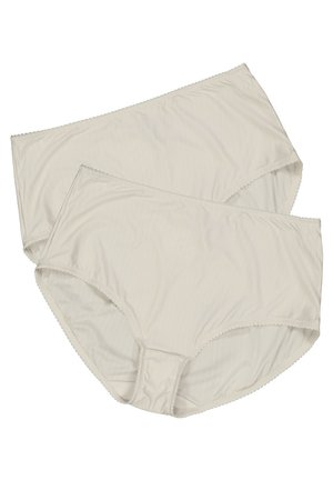 Helle beige Damenunterwäsche, aus glattem Stoff mit dezentem Rippenmuster, ausgestattet mit einem elastischen Bund und Picot-Verzierungen entlang der Kanten.