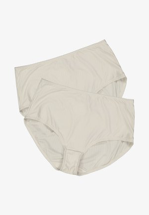Lichtbeige damesonderbroek, gemaakt van een gladde stof met een subtiel geribbeld patroon, met een elastische tailleband en picotafwerking langs de randen.