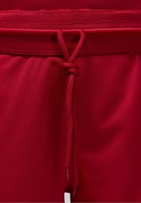 Punaiset urheilushortsit, joissa on teksturoitu kangas, elastinen vyötärönauha ja solmittava kiristysnauha säädettävyyttä varten.