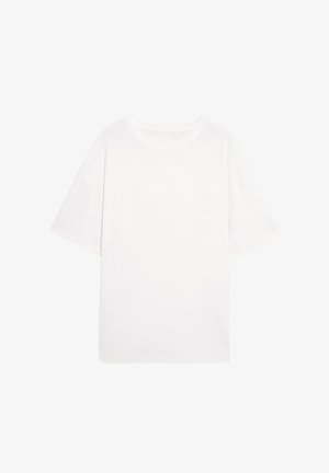 T-shirt blanc uni à manches courtes avec un col rond, présenté à plat sur un fond blanc.