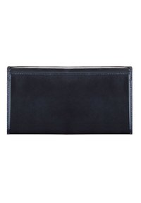 Marineblaue Lederbörse mit glatter Oberfläche, ausgestattet mit kontrastierenden hellblauen Nähten und einem eleganten, rechteckigen Design. Keine sichtbare Hardware.