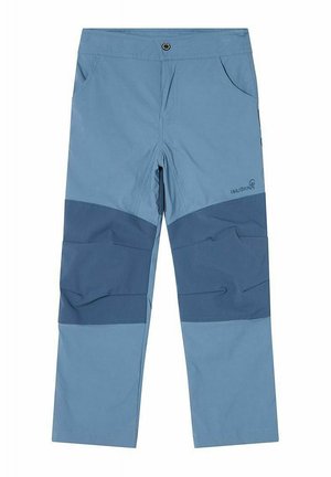 Siniset ulkohousut, joissa on vahvistetut polvipaikat, etutaskut, nappisuljenta ja Isbjörn-logo ylemmässä reisiosassa.