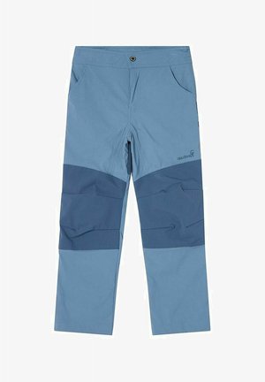 Blå udendørsbukser med forstærkede knælapper, forlommer, knaplukning og Isbjörn-logo på øvre lår.