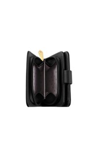 Black leather wallet with a zip-around closure, featuring two compartments and a polka dot lining. Gold hardware accent adds detail.