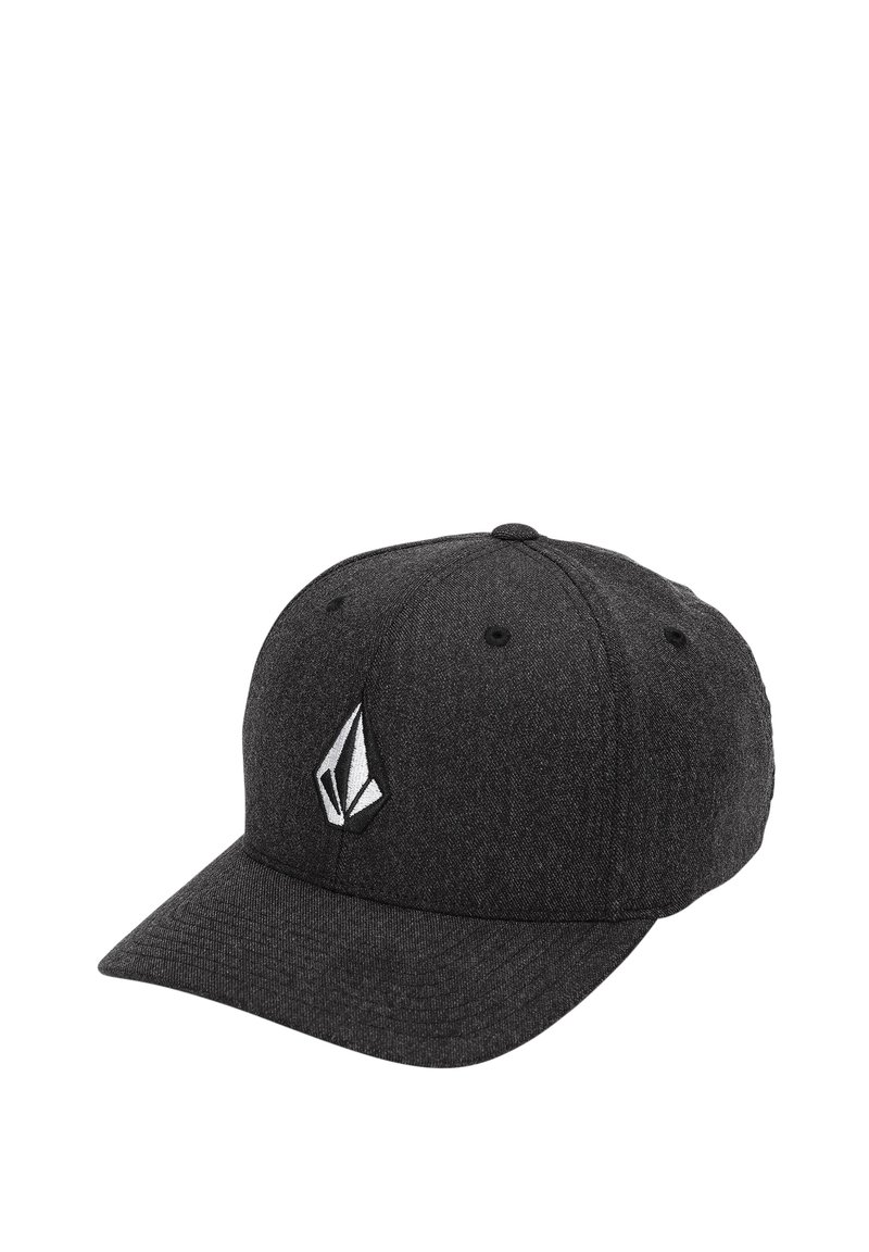 Casquette noire en tissu texturé avec une visière solide, une coupe structurée et un logo blanc sur le côté gauche avant.
