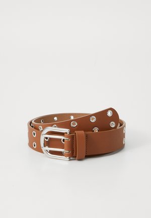 Brown leather belt with silver-tone hardware, featuring circular metal grommets along the strap and a classic prong buckle design.