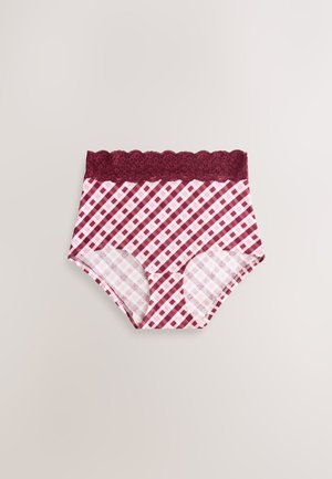 Culotte taille haute avec une ceinture en dentelle bordeaux, présentant un motif à carreaux rose et blanc sur toute la surface.