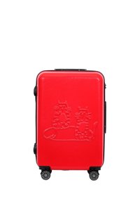 Red hard-shell suitcase with black accents, featuring an embossed design of two cats. It has four wheels for easy maneuverability.