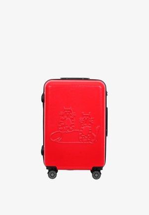Red hard-shell suitcase with black accents, featuring an embossed design of two cats. It has four wheels for easy maneuverability.