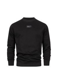 Sort langærmet sweatshirt med ribbede manchetter og nederste kant, med lille hvid tekst "WEAR THE CODE" centreret nær halsudskæringen.