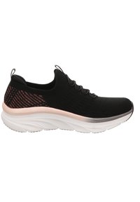 Black athletic shoe with a textured knit upper, pink accents, and a cushioned white sole. Features a lace-up design and a flexible structure.