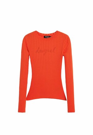 Pulover cu mâneci lungi, portocaliu aprins, cu dungi, tiv ușor evazat și logo subtil „Desigual” pe piept și etichetă la guler.