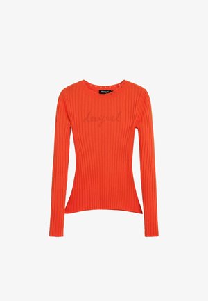 Langærmet, lyseorange ribstrikket sweater med let udvidet kant og diskret "Desigual" logo på brystet og på mærket i kraven.