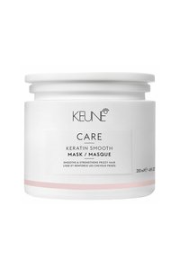 Maschera Keune Care Keratin Smooth in un contenitore rotondo bianco con una finitura liscia, banda decorativa rosa e un'etichetta che illustra i benefici del prodotto.