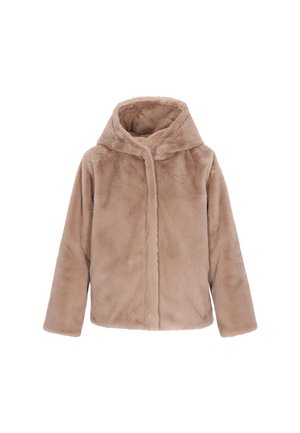Faux fur jacket in light brown, featuring a hood, front closure, and long sleeves. Soft texture with a smooth finish.
