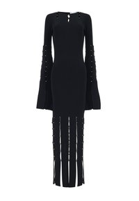 Schwarzes geripptes Kleid mit langen Glockenärmel, verziert mit goldenen Akzenten und Ausschnitten an den Seiten und dem Saum, das eine schlanke Silhouette zaubert.