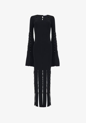 Vestido negro de canalé con mangas largas de campana, que presenta detalles en dorado y recortes a lo largo de los lados y el dobladillo, creando una silueta estilizada.