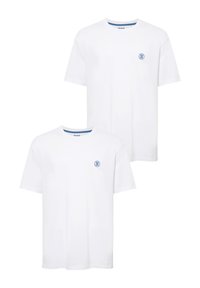 White cotton t-shirts, featuring a small blue logo on the chest, round neck, and short sleeves, presented in a two-pack.