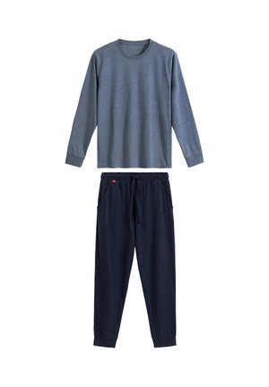 Długi rękaw, szary t-shirt z bawełny z okrągłym dekoltem, w połączeniu z granatowymi spodniami dresowymi z elastycznym paskiem i bocznymi kieszeniami.