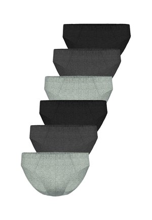 Set aus sechs Herren-Slips in abwechselnden schwarzen, dunkelgrauen und hellgrauen Farben, vertikal auf weißem Hintergrund angeordnet.