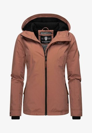 Rosa wasserdichte Jacke mit Kapuze, ausgestattet mit einem durchgehenden Reißverschluss, schwarzer Fütterung und braunen Akzenten an Taschen und Bündchen.