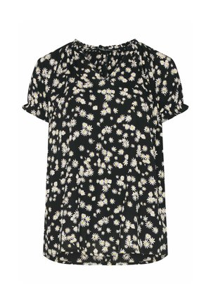 Blusa negra de manga corta con estampado floral de margaritas blancas y amarillas, escote redondo y ligeros fruncidos en los hombros y las mangas.