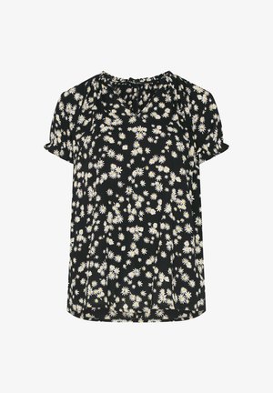 Sort kortærmet bluse med hvidt og gult tusindfryd-mønster, rund halsudskæring og let rynkede detaljer ved skuldre og ærmer.