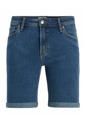 Shorts en denim bleu avec ourlets retroussés, conception à cinq poches et fermeture par bouton à la taille.