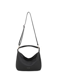 Borsa a spalla in pelle nera con texture morbida, design curvo e una sola tracolla regolabile. Presenta dettagli in oro e un accento con il logo.