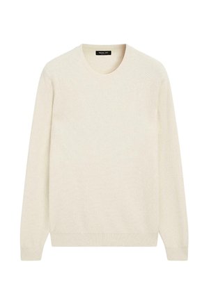 Maglione lavorato a maglia color crema con scollo rotondo, maniche lunghe, tessuto strutturato e polsini e orlo a coste. Senza motivi o decorazioni.