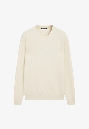 Maglione lavorato a maglia color crema con scollo rotondo, maniche lunghe, tessuto strutturato e polsini e orlo a coste. Senza motivi o decorazioni.