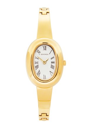 Montre Sekonda en or avec un cadran ovale blanc, des chiffres romains, et des aiguilles des heures et minutes en or sur un bracelet en métal doré.