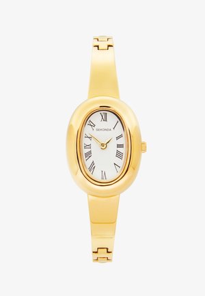 Gold Sekonda watch with oval white face, Roman numerals, and gold hour and minute hands on a gold metal bracelet.
