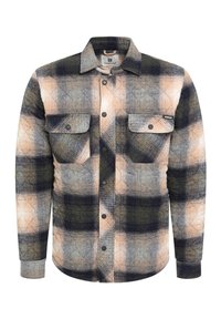 Flanellen shirt in tinten van grijs, beige en marineblauw met een geruit patroon. Heeft een knoopsluiting aan de voorkant, twee borstzakken en lange mouwen.