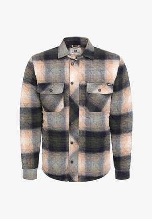 Flanellen shirt in tinten van grijs, beige en marineblauw met een geruit patroon. Heeft een knoopsluiting aan de voorkant, twee borstzakken en lange mouwen.