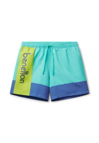 Zwemshorts in turquoise, groen en blauw. Beschikt over een elastische tailleband met een trekkoord en een bedrukte logo aan de zijkant.