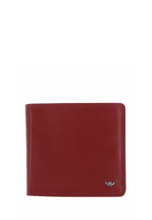 Red leather bi-fold wallet with visible stitching and small silver logo emblem on bottom right corner.