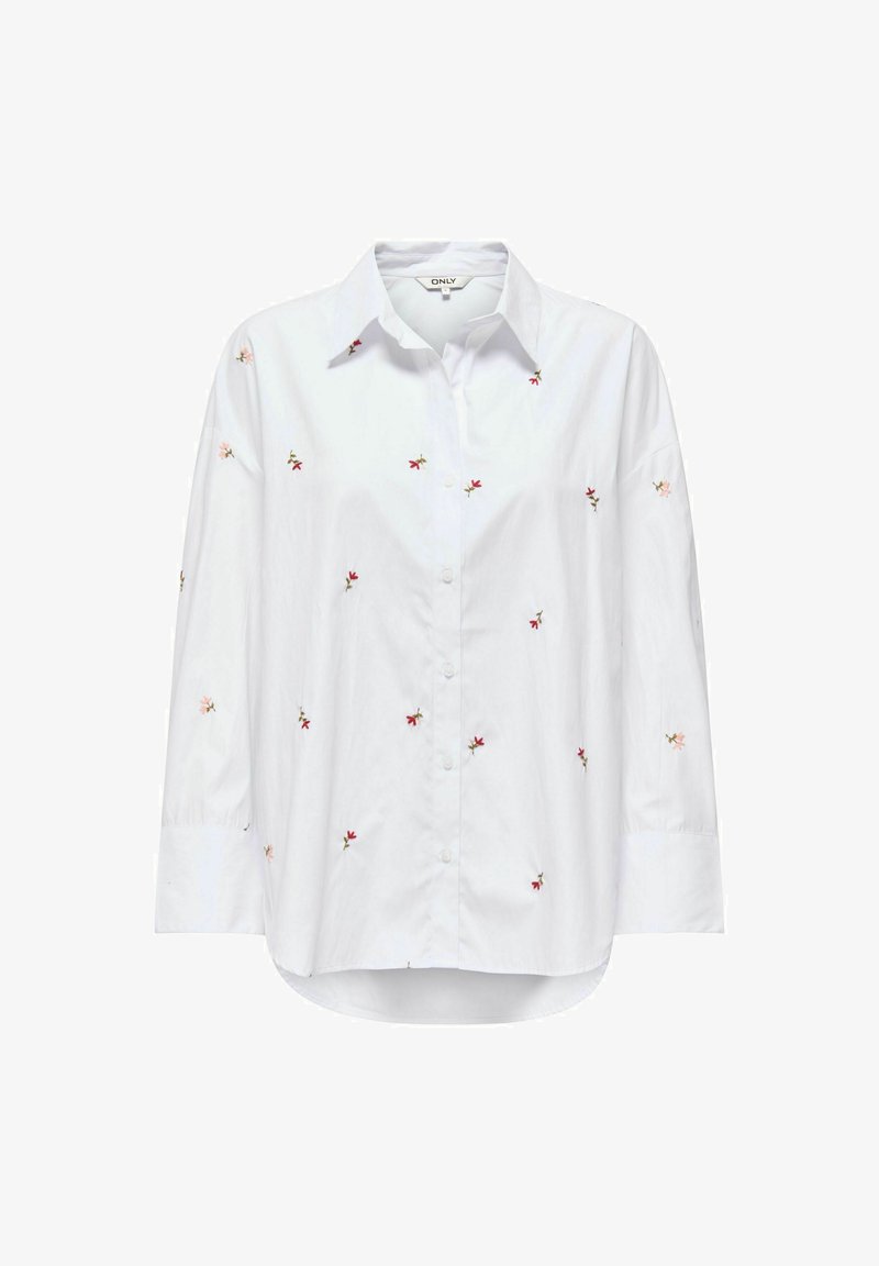 Blouse blanche à manches longues avec boutons, broderie florale rouge et rose clair dispersée sur le devant et les manches, col pointu.