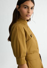 Robe chemise de couleur moutarde avec un col haut, fermeture à boutons et manches bouffantes. Elle présente une ceinture à la taille et des poches latérales pour plus de fonctionnalité.