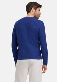 Blauer strukturierter Langarmpullover mit runder Halslinie, der ein Zickzackmuster und gerippte Bündchen aufweist, getragen über hellen Hosen.