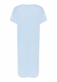 Ljusblå klänning i T-shirtmodell med kort ärm, tillverkad av mjukt tyg, med avslappnad passform och rundad nederkant. Inga synliga mönster eller detaljer.