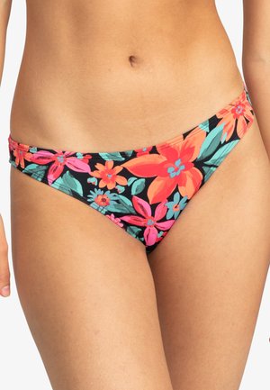 Floral bikini bottom featuring a black background with vibrant pink, orange, and teal flowers, soft fabric, and a low-rise cut.