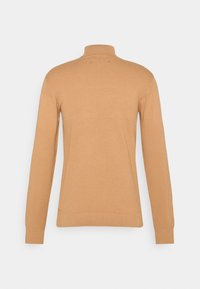 Beige gestrickter Pullover mit einem Stehkragen, langen Ärmeln, strukturierten Mustern und gerippten Bündchen für besseren Sitz und Wärme.
