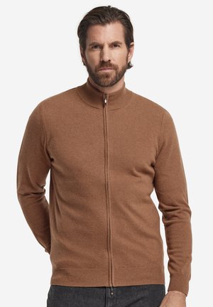 Mann trägt einen braunen Reißverschluss-Pullover mit Stehkragen, steht vor einem schlichten hellen Hintergrund, die Hände hinter dem Rücken.