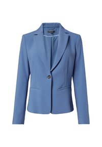 Lichtblauwe blazer met een getailleerd ontwerp, gekartelde revers, enkele sluitknop, twee voorzakken en een gladde stofstructuur.