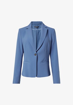 Hellblaues Blazer mit taillierter Passform, mit Reverskragen, einem einzelnen Verschlussknopf, zwei vorderen Taschen und glatter Stoffstruktur.