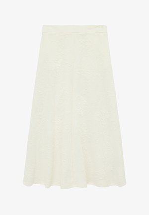 Falda línea A de color crema con textura jacquard floral sutil y una cinturilla lisa.