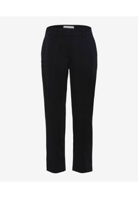 Pantalon noir ajusté avec un design slim, devant plat et tissu texturé subtil. Doté d'une taille standard et d'une coupe droite.