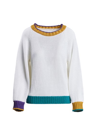 White knitted sweater with a round neckline. Features color-blocked cuffs in teal, purple, and gold. Ribbed texture at hem and sleeves.