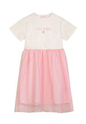 Short-sleeve white dress with pink glittery tulle skirt and "ESCADA" logo in pink on the chest.